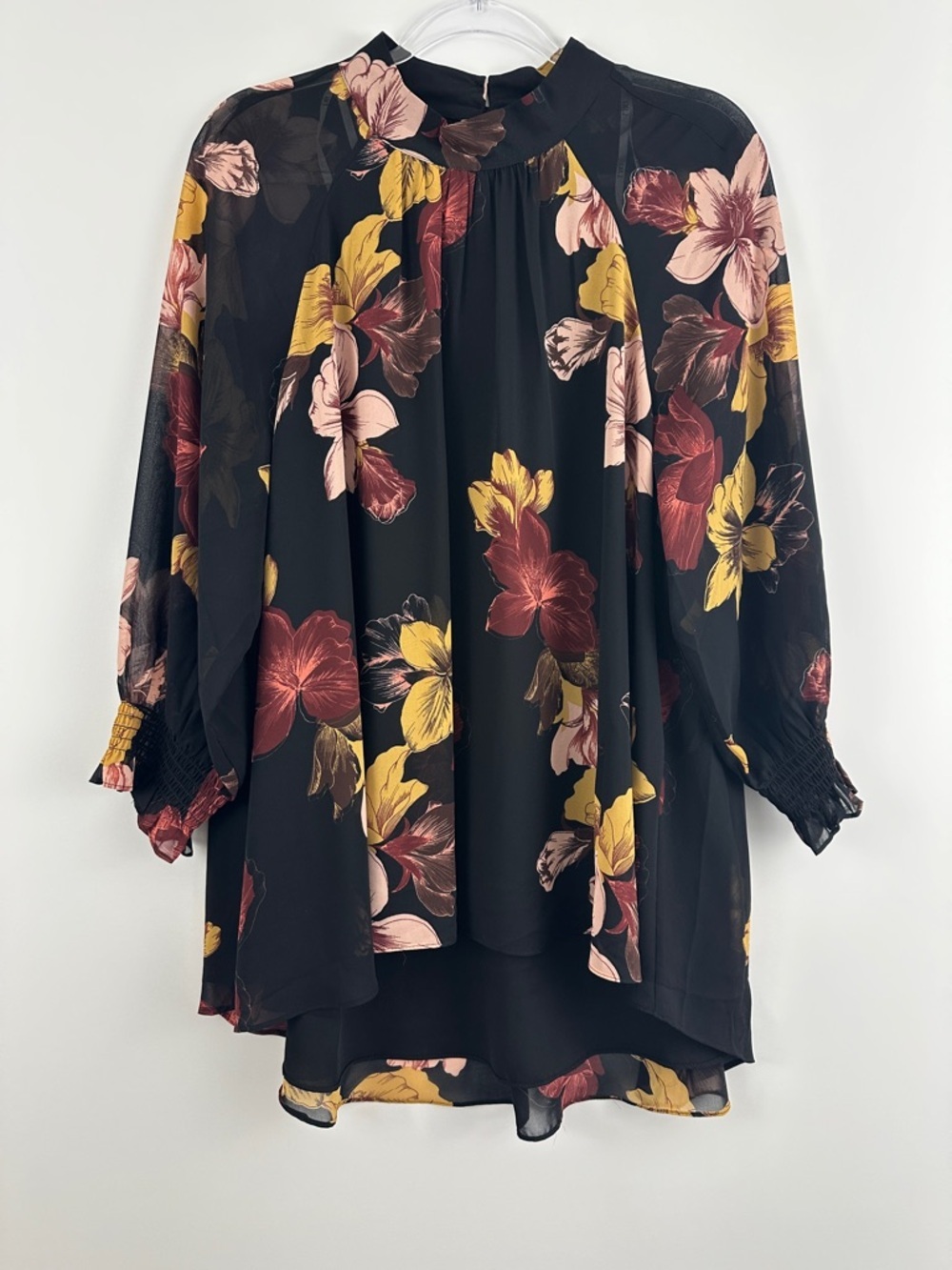 DR2 Black Floral High Low Blouse XL Long Sleeve Chiffon Boho Tunic Top